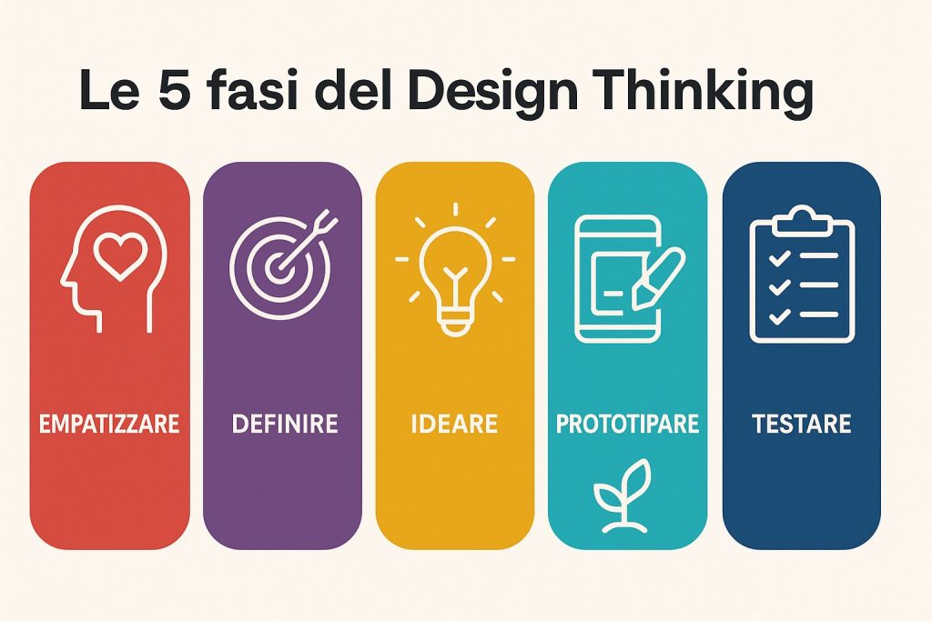 Le 5 fasi del Design Thinking: Empatizzare, Definire, Ideare, Prototipare, Testare