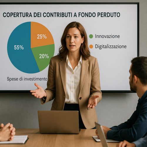 Imprenditrice che spiega i vantaggi del finanziamento fondo perduto 2025 e come fare per richiederlo: business plan, documenti, candidatura online, approvazione.