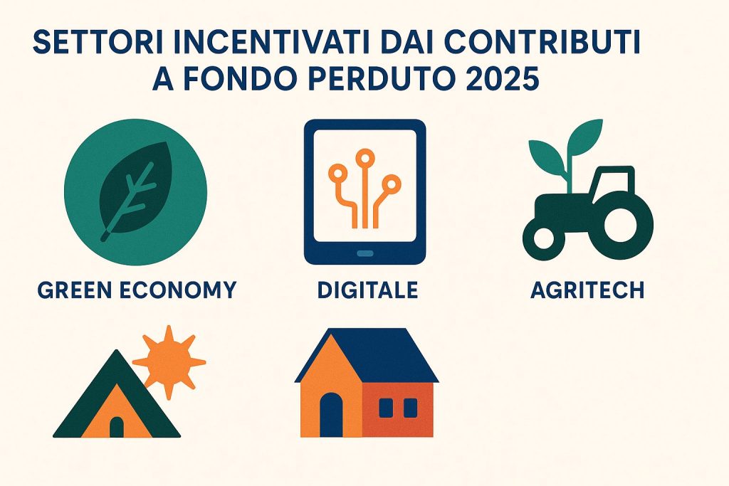 Icone illustrative dei settori incentivati dai contributi a fondo perduto 2025: green economy, digitale, turismo e agritech.