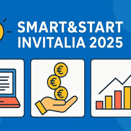Copertina Smart&Start Invitalia 2025: infografica flat con icone di lampadina, laptop, mano con monete in euro e grafico di crescita. Guida ai finanziamenti e contributi a fondo perduto per startup innovative nei bandi Invitalia.